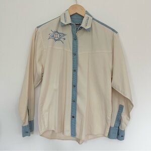 Wrangler Authentic Western Apparel Cream and Blue Denim Button Down Shirt READ S